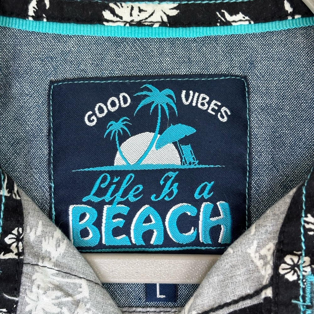 GOOD VIBES Aloha Shirt Men’s L Black Slim Fit White Palms Sharks Life is a Beach - Picture 3 of 5